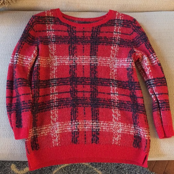 Wool plaid sweater with 3/4 sleeves - Picture 2 of 5